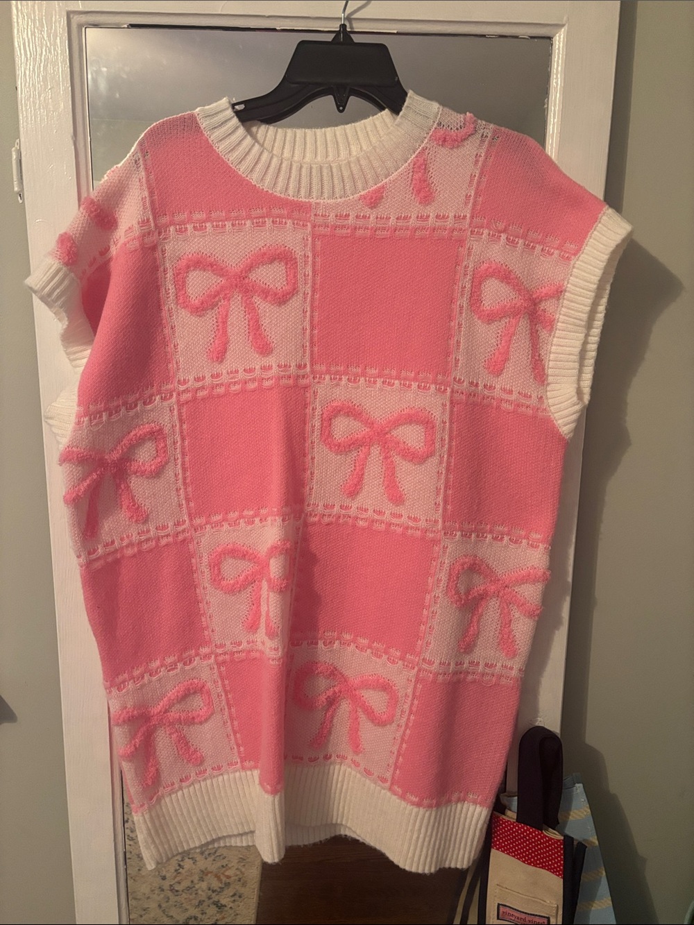 Pink & White Bow Pattern Knit Sweater Dress
